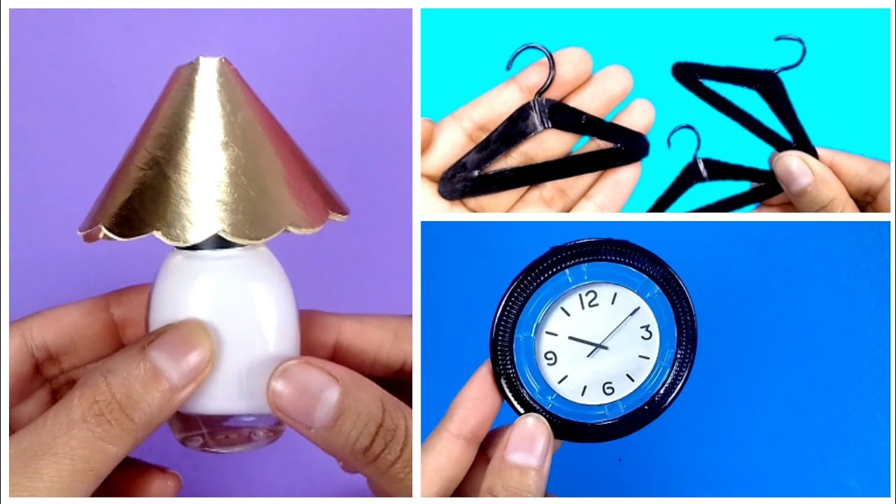 3 DIY-Как сделать миниатюрные поделки | Мини вешалка, настенные часы и настольная лампа