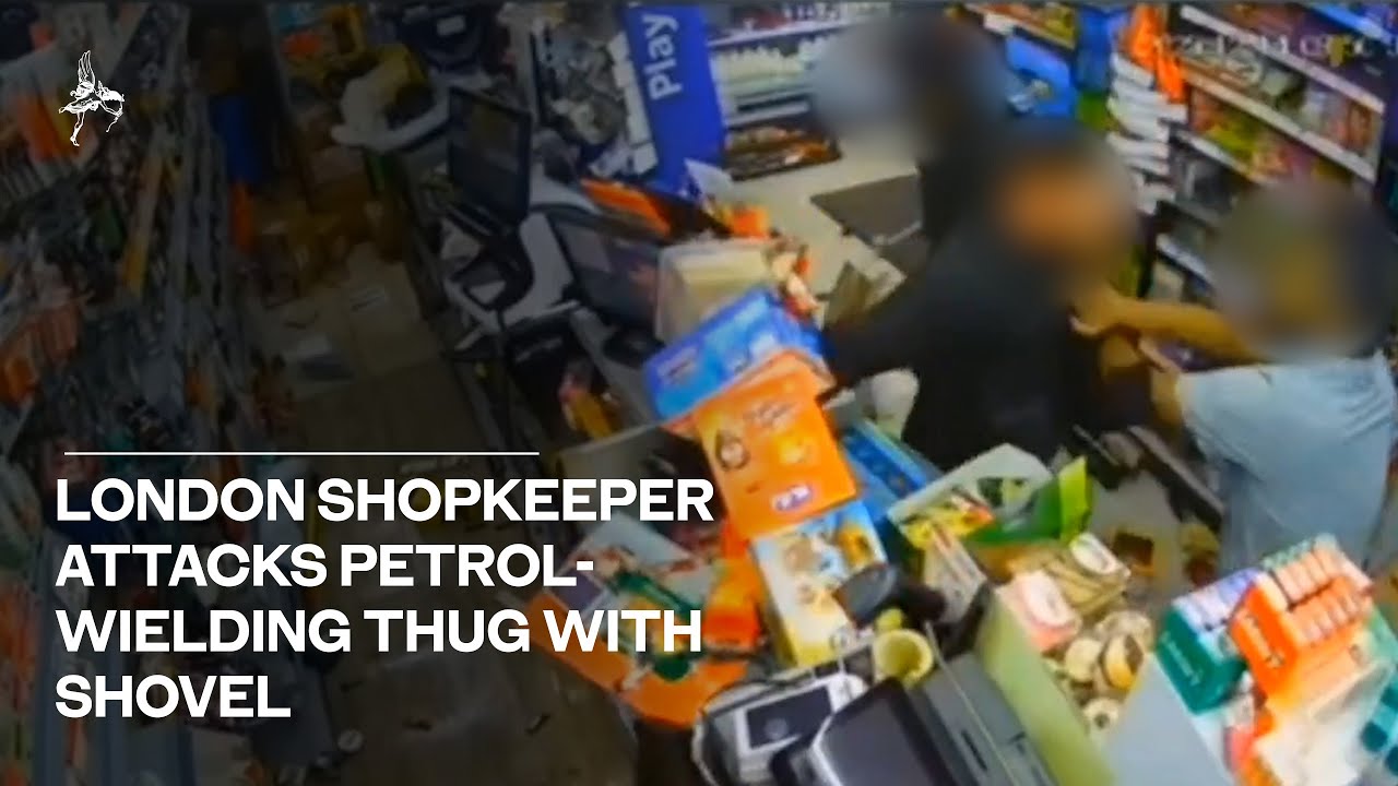 Moment London shopkeeper attacks thug with shovel after he &lsquo;doused shop with petrol'