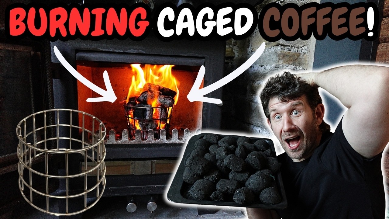 BURNING WASTE COFFEE AS FIREPLACE FUEL..IN A COAL CAGE!