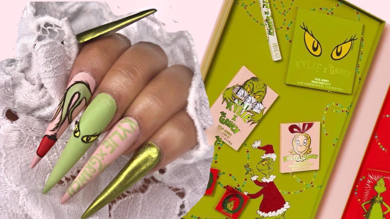 Kylie x grinch Christmas collection- inspired nail design Kylie cosmetics collection 2020