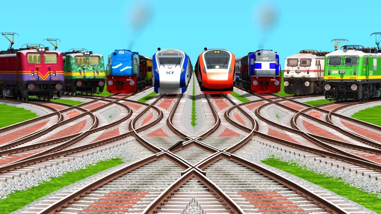 8 Locomotives Trains Crossing At Curved Branched Railroad Tracks | indian railways | train simulator