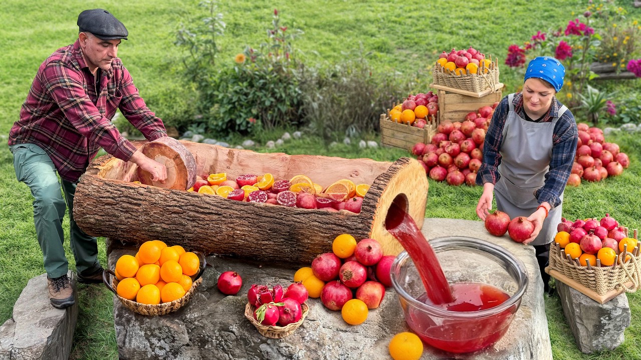 Making Pomegranate Juice With a Giant Wooden Press
