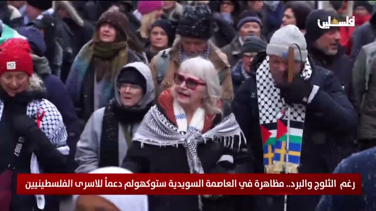 رغم الثلوج والبرد.. مظاهرة في العاصمة السويدية ستوكهولم دعماً للاسرى الفلسطينيين