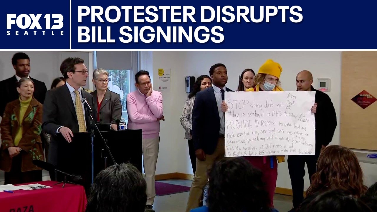 Protester disrupts WA Gov. Bob Ferguson bill signings in Seattle