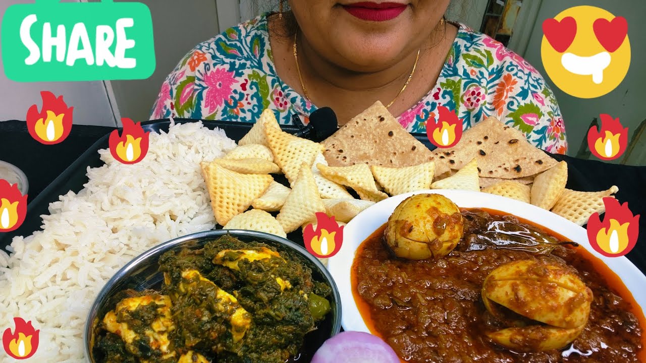 ASMR:EATING EGG CURRY,PALAK PANEER,RICE,ROTI&PAPAD🔥
