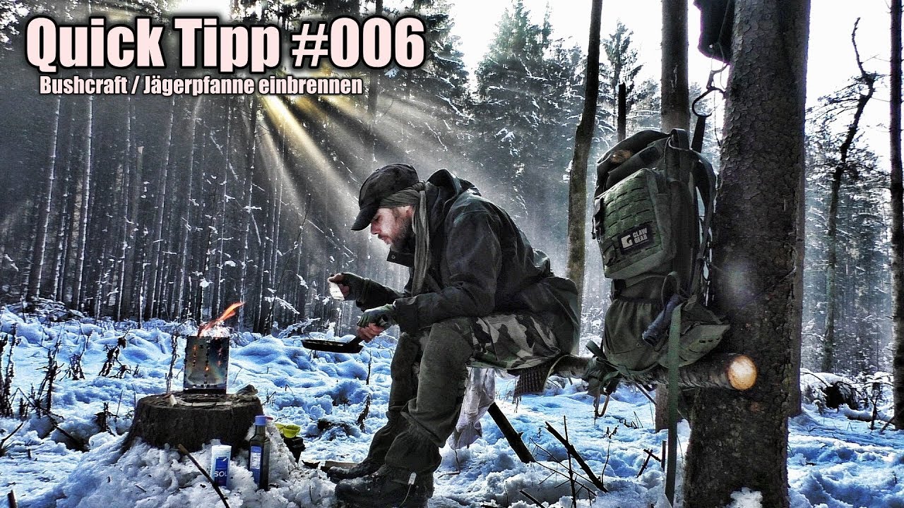 Bushcraft-Outdoor Pfanne einbrennen im Winterwald & Kochen am Feuer