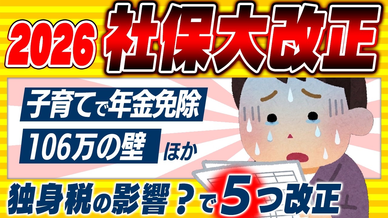【超速報！】3月末で106万円の壁が事実上解消｡2026年 社会保険の大改正5選｡年金免除新制度ほか【個人事業主･会社員/独身税･子育て/国民健康保険料上限/交通費値上げ･通勤手当/20時間】