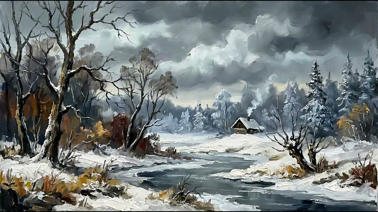 Moody Winter Oil Painting ❄️ TV Art Background | Snowy Cabin & River Screensaver