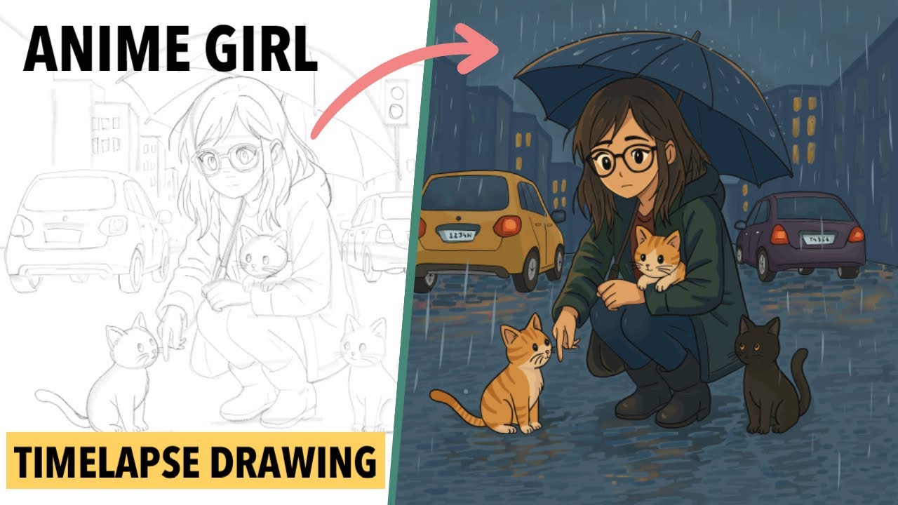 Anime Girl Drawing in the Rain | Digital Art Timelapse (Adobe Fresco)
