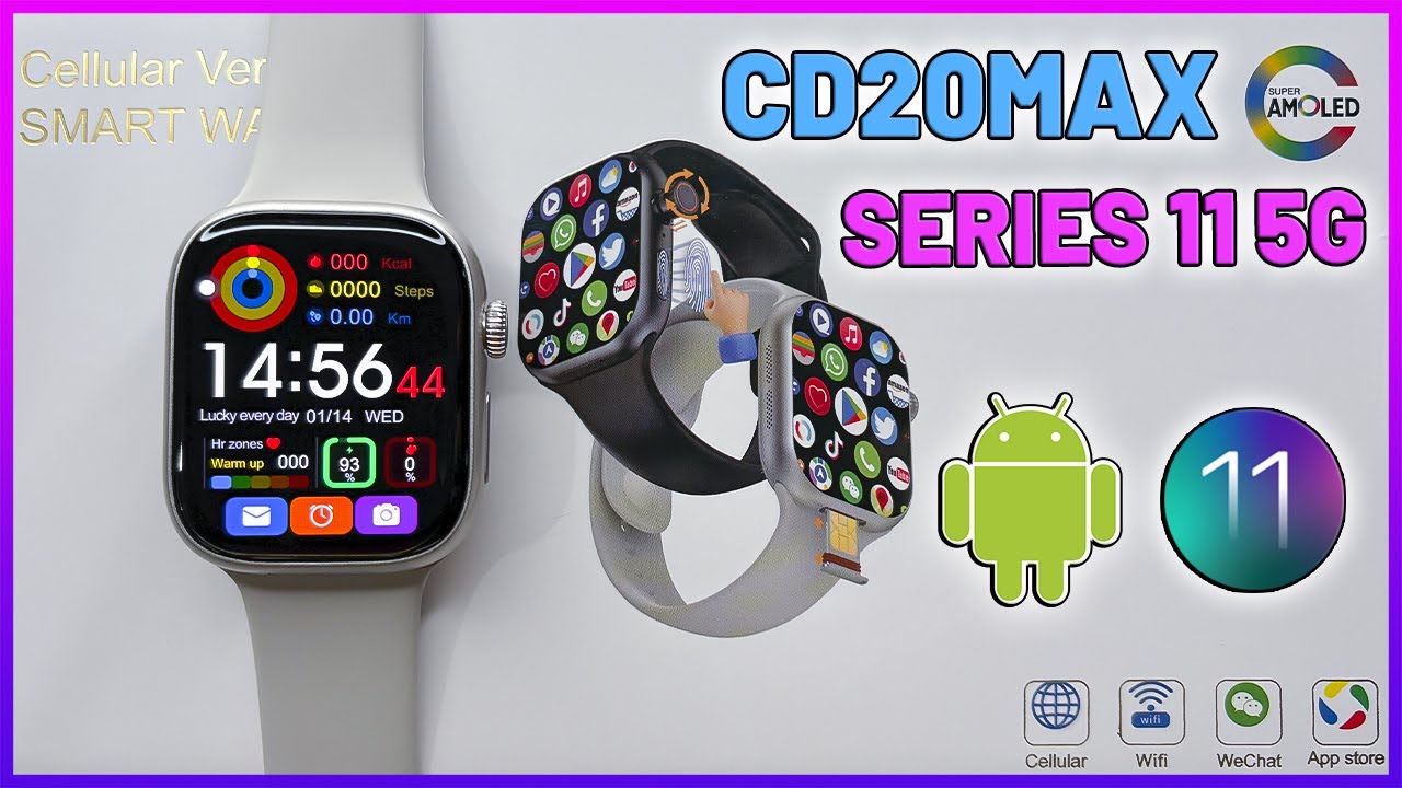 SMARTWATCH CD20MAX SERIES 11 5G AMOLED COM ANDROID 9.0 PIE CÂMERA DE 2MP E DUPLO SISTEMA - UNBOXING