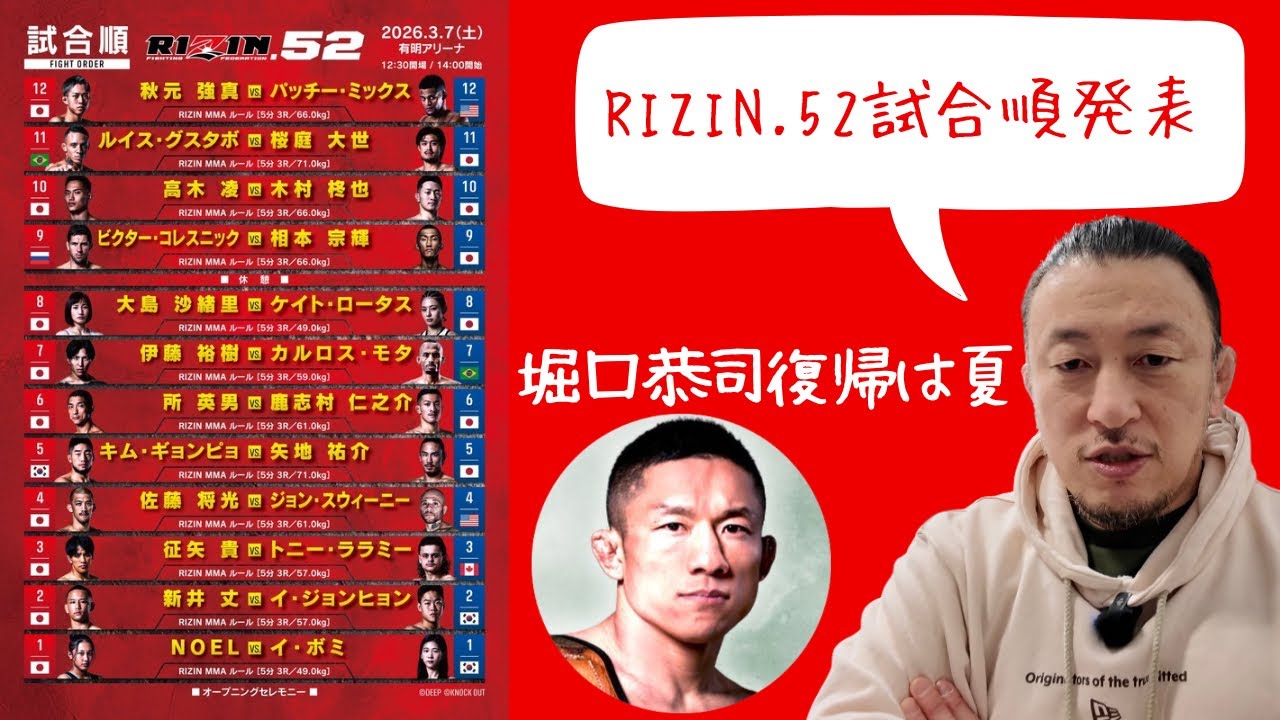堀口恭司の怪我の経過が判明/RIZIN.52試合順発表/溝口勇児ピンチ！？/秋元強真×青木真也協力タッグ/横山武司MMA復帰は再来年