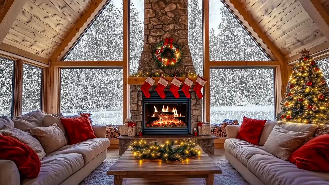 Gentle Morning Christmas Jazz by the Fireplace 🎄 Warm Winter Ambience & Snow Falling