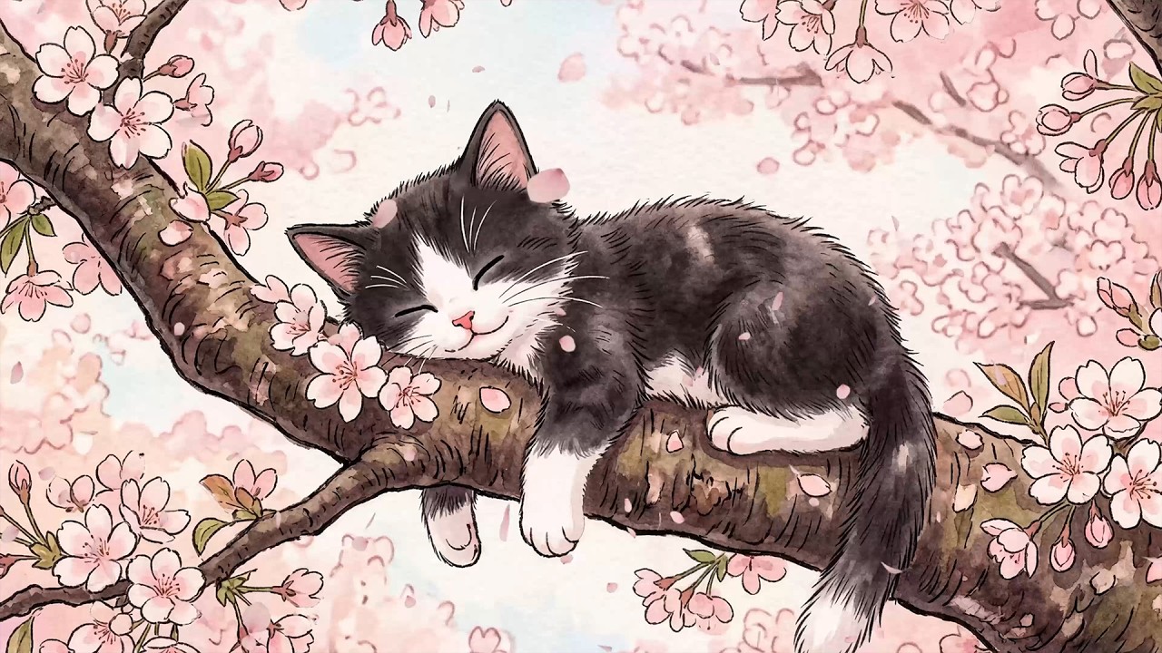 Sleeping Cat Under Sakura Lofi 🌸😴 | Peaceful Beats for Study, Focus & Relaxation