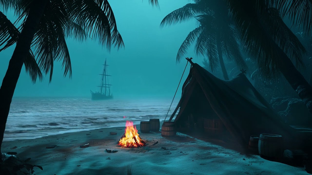🌊🔥 Pirate Campfire on a Foggy Beach | Ocean Waves & Crackling Fire Ambience (4 Hours)
