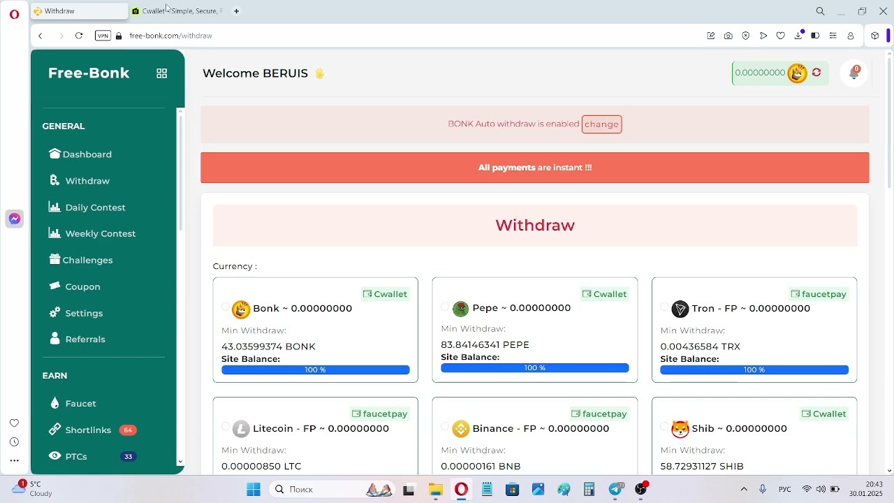 Вывод криптовалюты Pepe (PEPE) с крана Free-Bonk на кошелек Cwallet (30.01.2025)