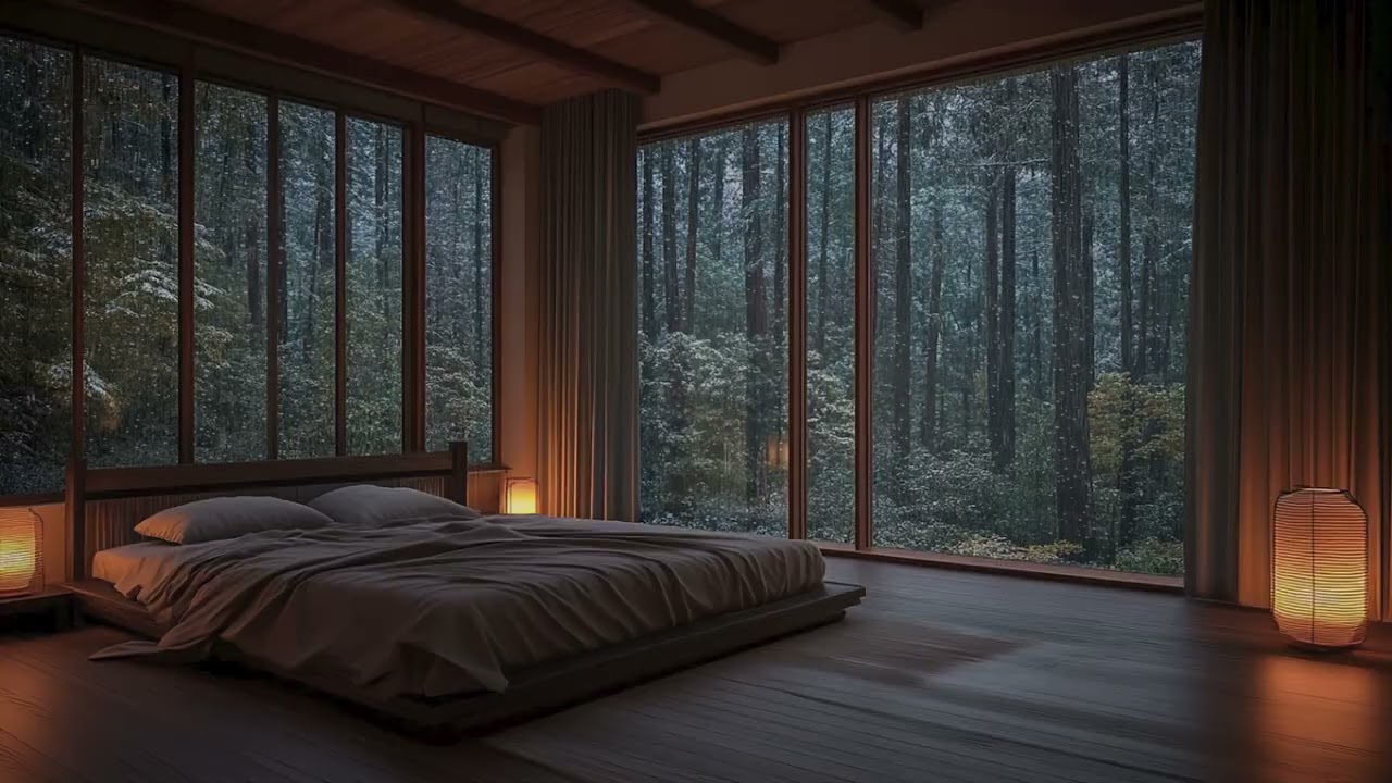 A Bedroom Facing the Forest as Steady Rain Softens the World Outside