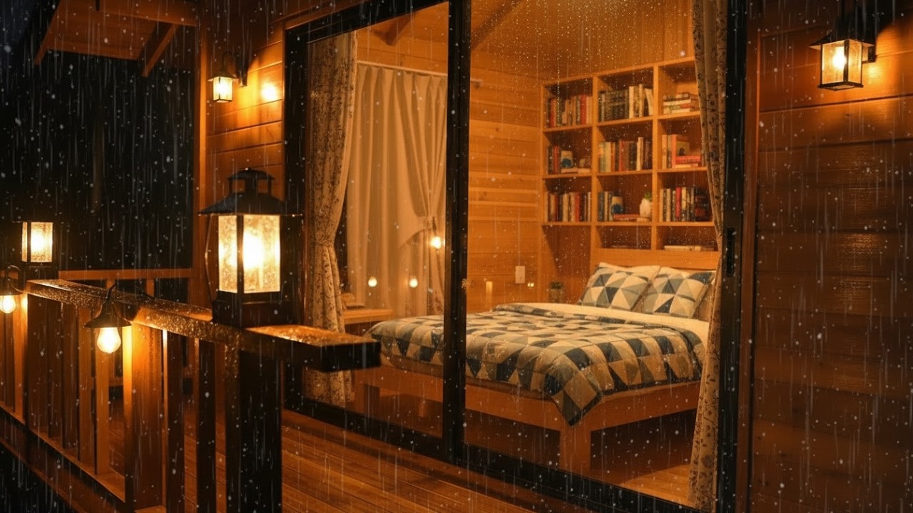 Night Rain Sounds in a Forest Cabin Room (No Ads) | Calm Ambience for Deep Sleep