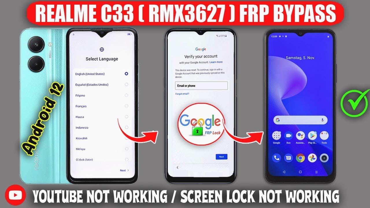 Without Pc 🔥 2024 || Realme C33 (Rmx3627) Frp Bypass Android 12 ✅ Youtube / Screen Lock Not Working❌