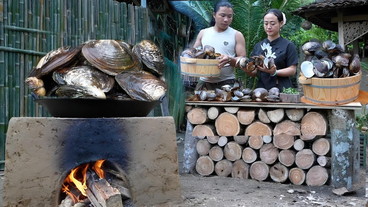 CEO builds kitchen, garden and makes outdoor snail dish - purple sticky rice dyed with wild fruits