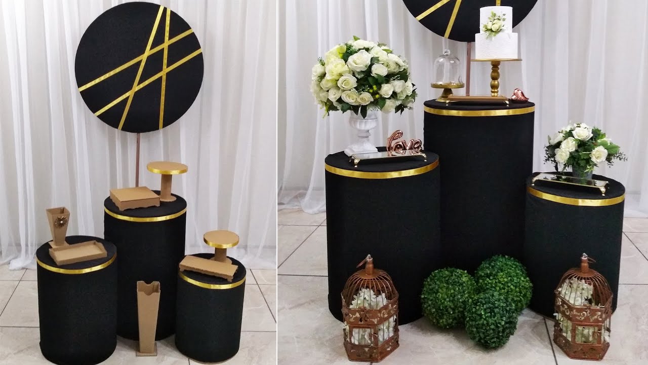 Como Fazer Decoração de Festa de Papelão Encapar Mesa Cilindro Painel Redondo e Bandejas Para Doces
