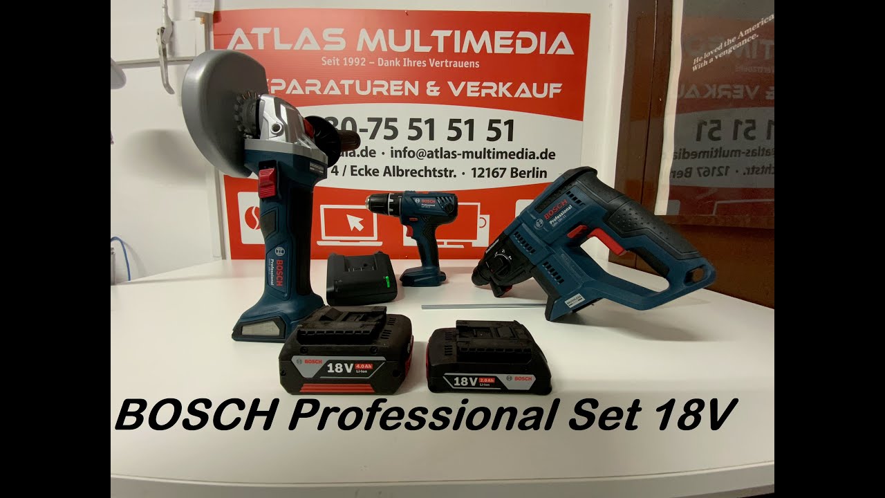 Bosch Professional Maschinen Set GSR18V-21, GWS18V-7, GBH18V-21, Starter Set Akku 4 & 2 Ah+Ladeger&auml;t