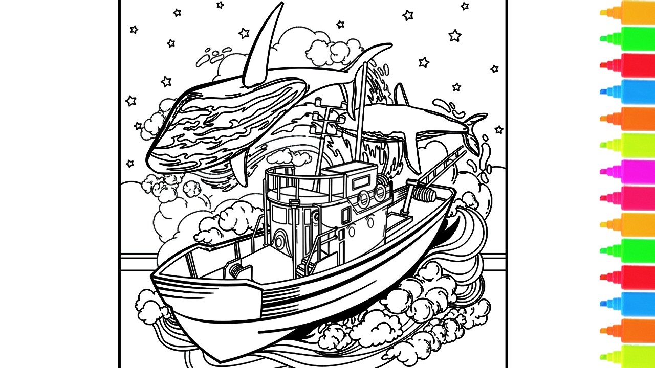Coloring Whales Jumps, Dolphins and Treasure Chest | Coloring Book Pages