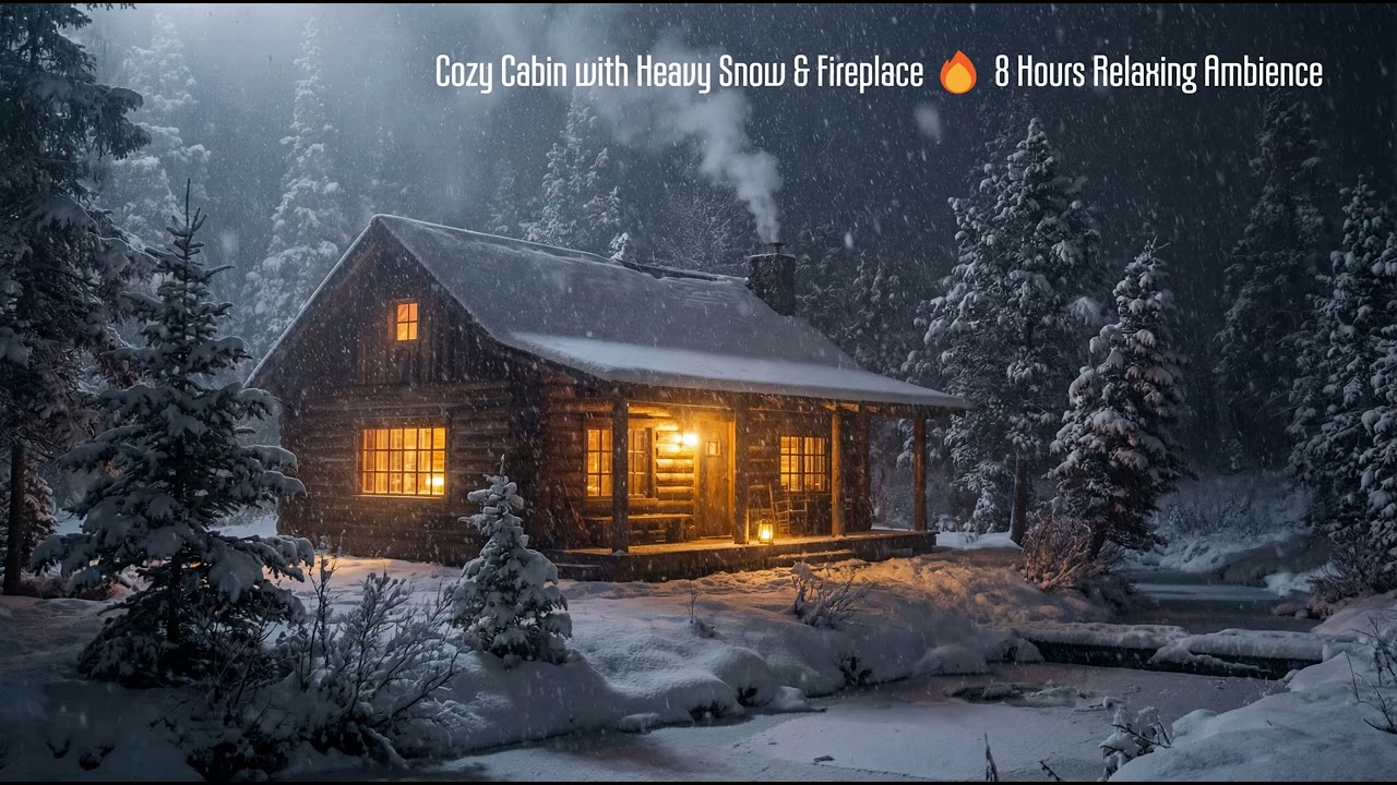 Cozy Cabin with Heavy Snow & Fireplace 🔥 8 Hours