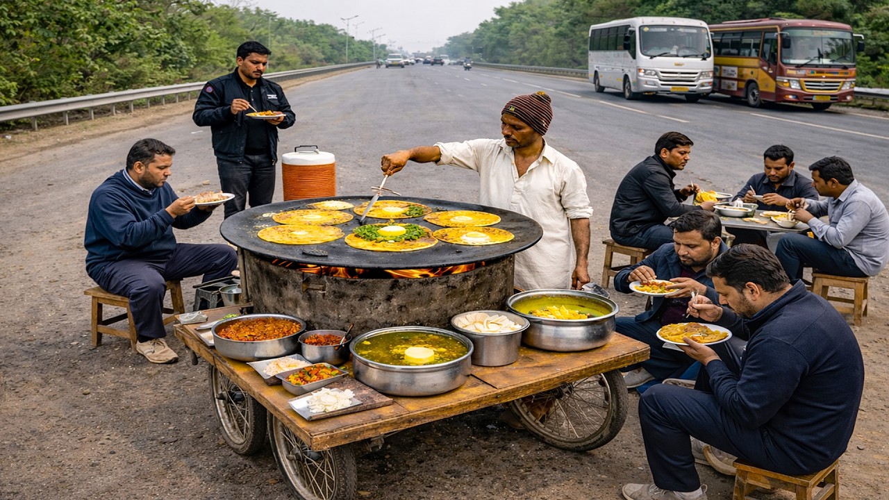 HIGHWAY STREET CART SERVING AMAZING DESI NASHTA 🔥 PASSENGER LOVES IT | STREET FOOD PAKIATAN