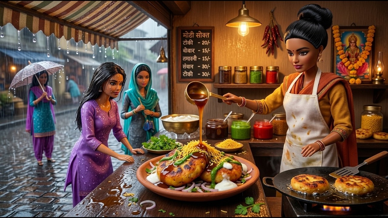 Rainy day in Miniature Doll Shop| Frying Crispy Aloo Tikki Chaat for Customers ASMR