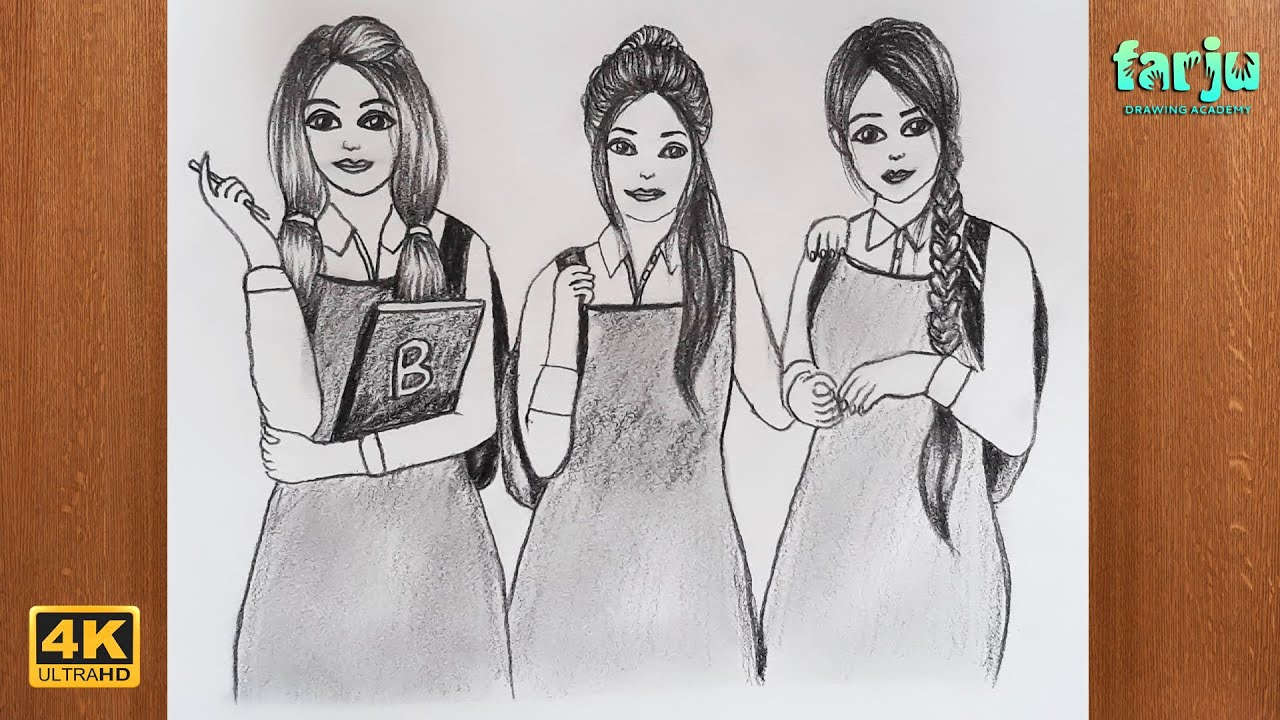 How to draw School life Best Friends Sketch || Mention your Two School  Life best Friends  😍😍