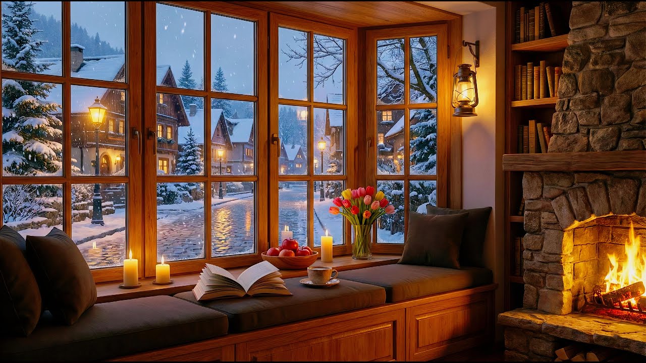 Cozy Winter Evening with Smooth Jazz Music 🔥Fireplace Crackling & Snowy Village View | Relaxing Jazz