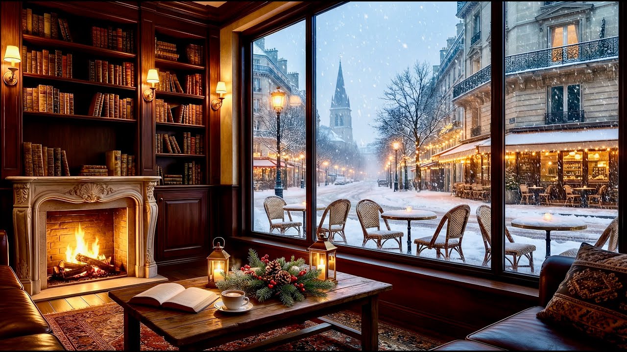 Snowy Paris Cafe Fireplace | Smooth Jazz Ambience for Reading, Focus, and Cozy Winter Relaxation