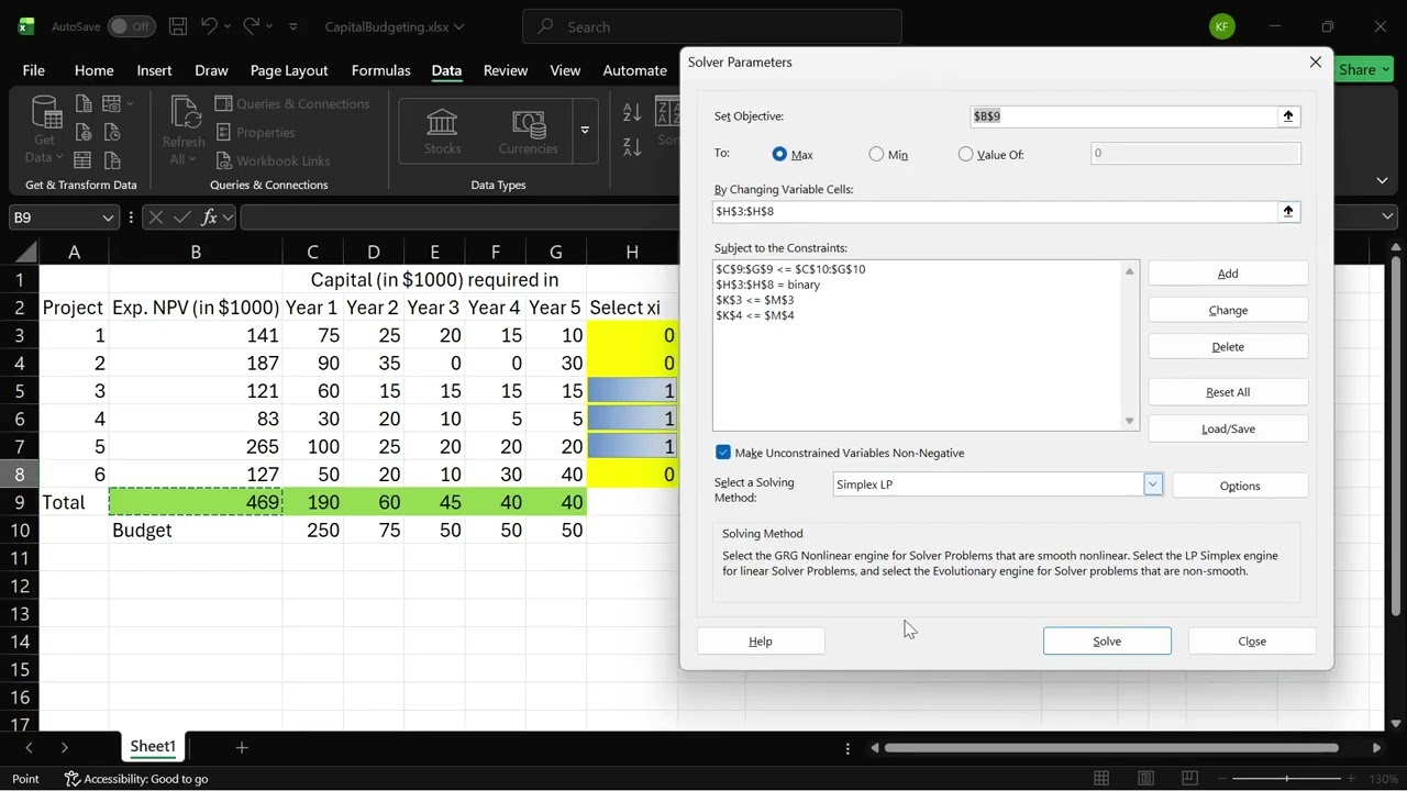 Ch06 09 MILP   Project Selection   Excel Model with Logical Constraints