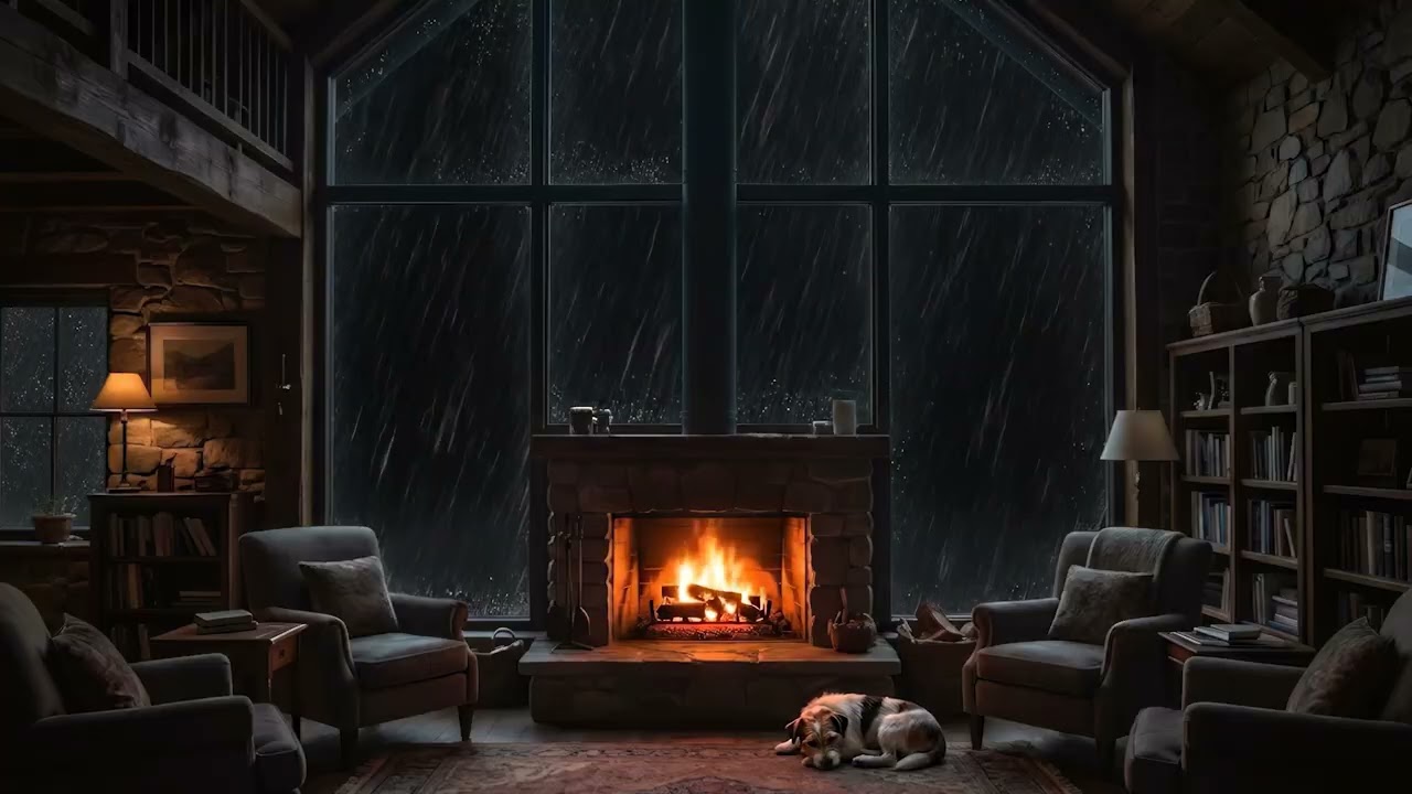 🌙ASMR Heavy Rain & Crackling Fireplace in a Cozy Cabin | Deep Sleep Rain Sounds