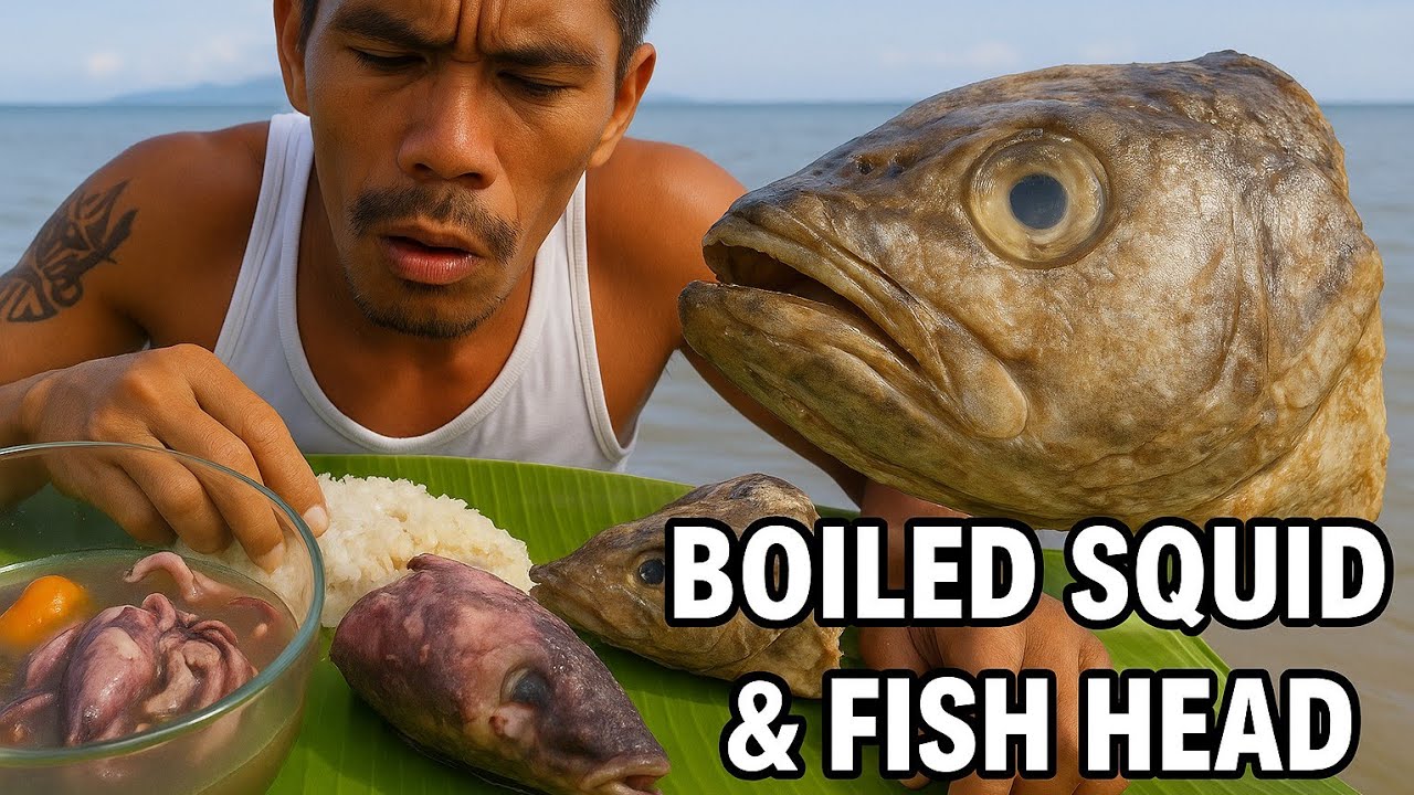 ULTIMATE SEAFOOD MUKBANG | Boiled Squid & Fish Head on Ocean Raft 🦑🐟