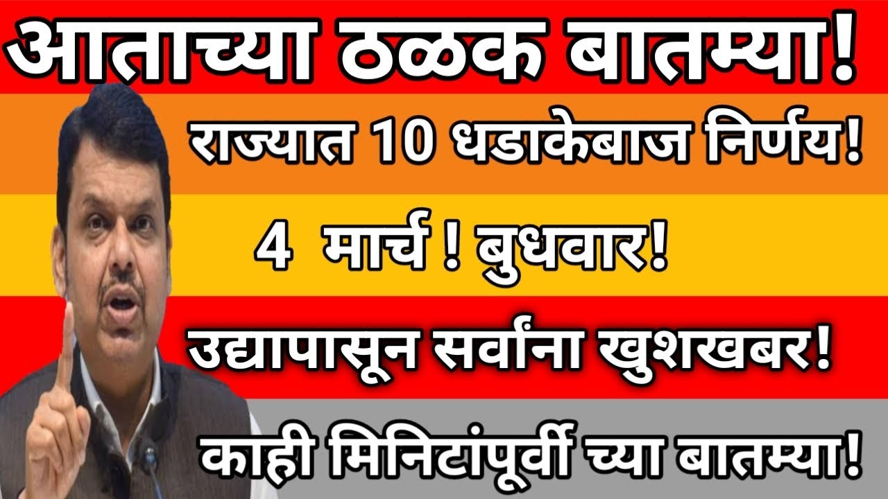 आताच्या ठळक बातम्या ! राज्यात 10 धडाकेबाज निर्णय ! 4 मार्च! बुधवार ! उद्यापासून सर्वांना खुशखबर!