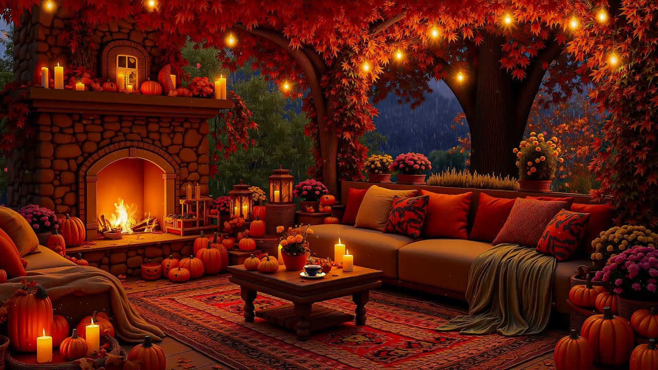 Spooky Autumn Porch 🍁🔥 Pumpkin Lanterns, Gentle Rain & Fireplace Ambience for Calm Halloween Vibes