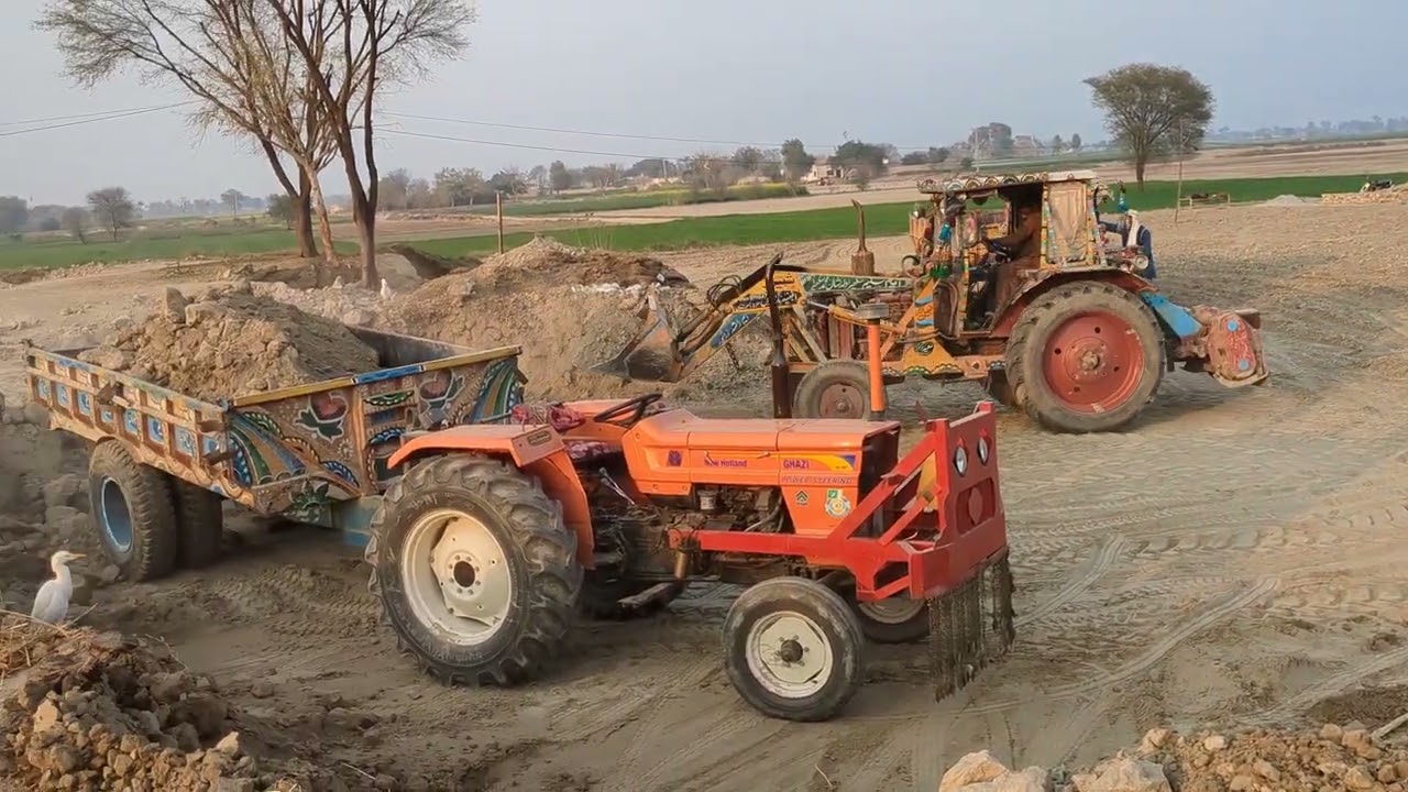 The 4 tractors and trolleys are working for construction management and a dog 🐕