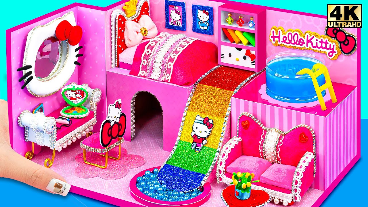 Как сделать розовый домик Hello Kitty с радужной горкой и бассейном (ЛЕГКО) ❤️ Миниатюрный домик