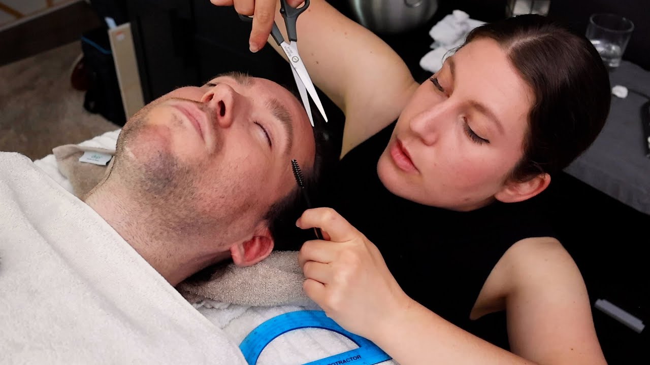 [ASMR] Measuring & Trimming Eyebrows with Scissors | Hair Pulling, Face-Peeling Mask, Massage