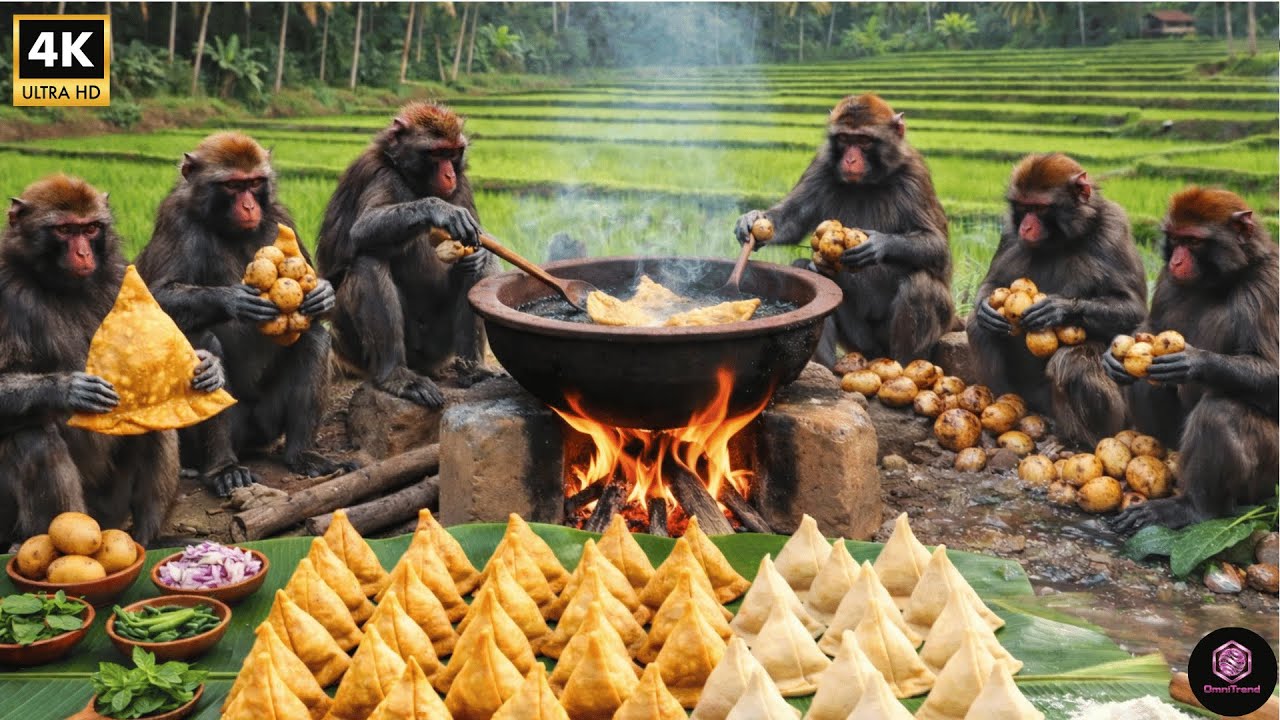 Bandaron ne mil kar samosa aur chutni banai | Monkeys Together Made Samosa and Chutney | Omni Trend