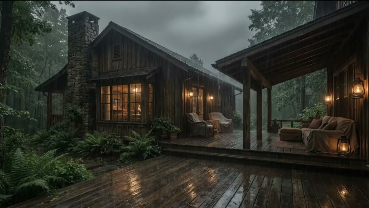 Rainy Night in a Cozy Forest Library 📖 Rain on Window & Crackling Fireplace for Study and Focus
