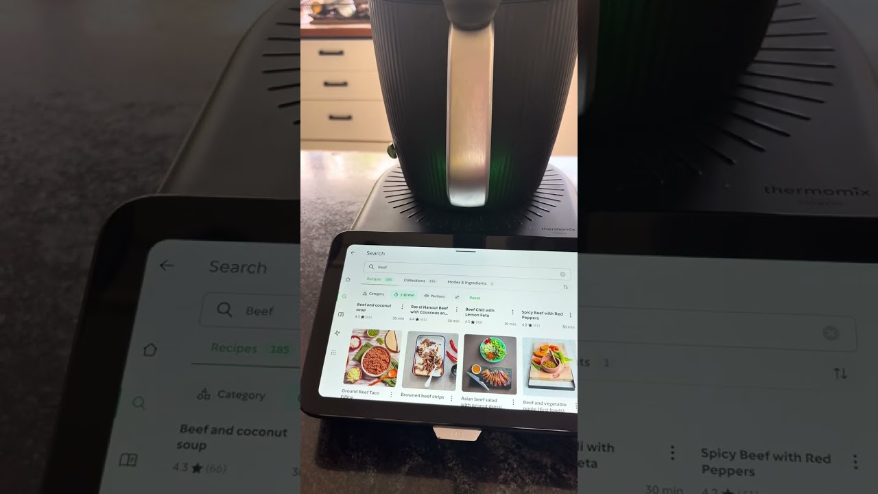 Looking at the TM7 Thermomix screen settings and looking for a recipe. 