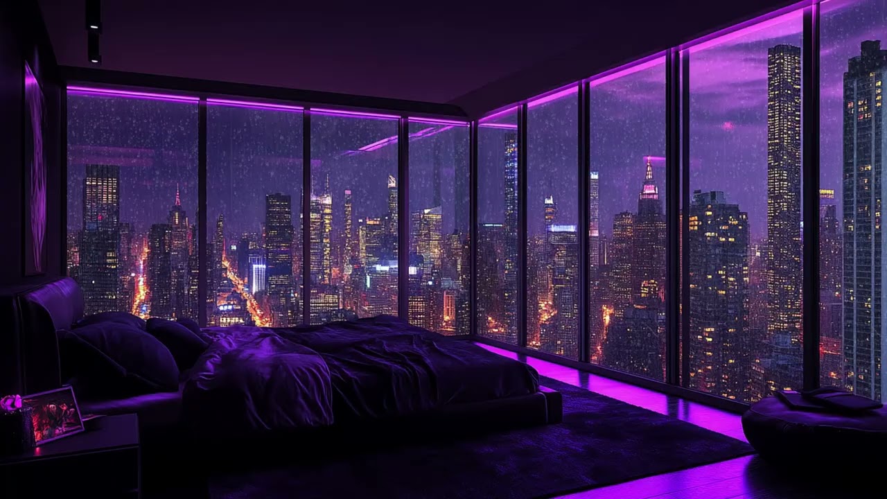 Rain Flowing Across Panoramic Skyline Glass | Luxury Penthouse Bedroom Above City Glow | Deep Sleep