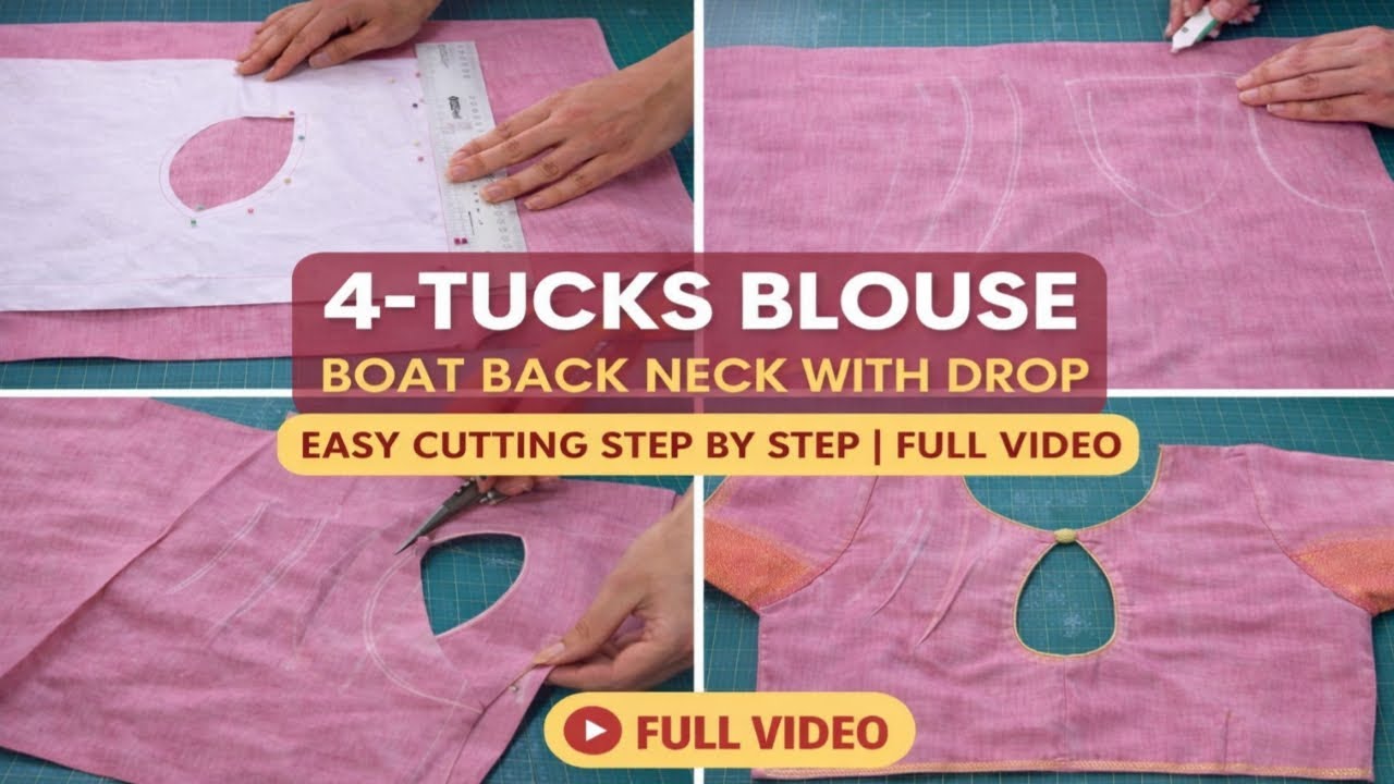 4 Tucks Blouse Cutting ✂️ | Boat Back Neck with Drop Design | Easy Step by Step Full Video