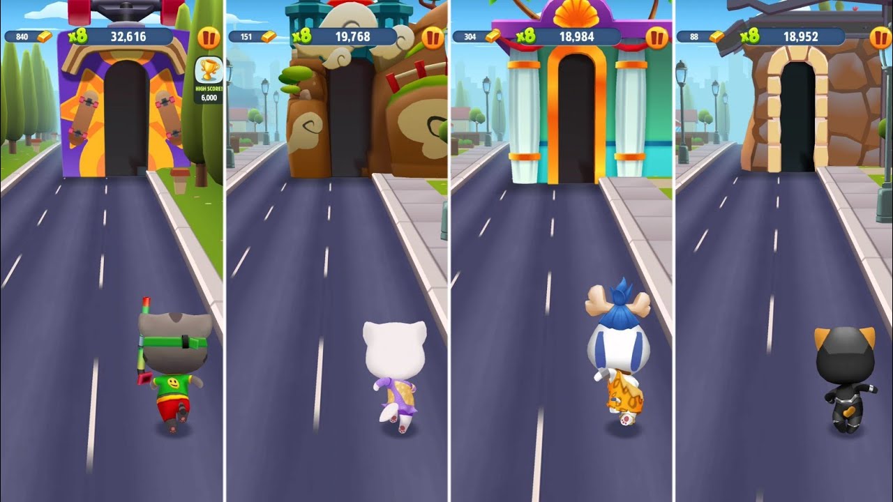 Talking Tom Gold Run Splashy Tom vs Gymnast Angela vs Stone Age Hank vs Super Ginger Gameplay