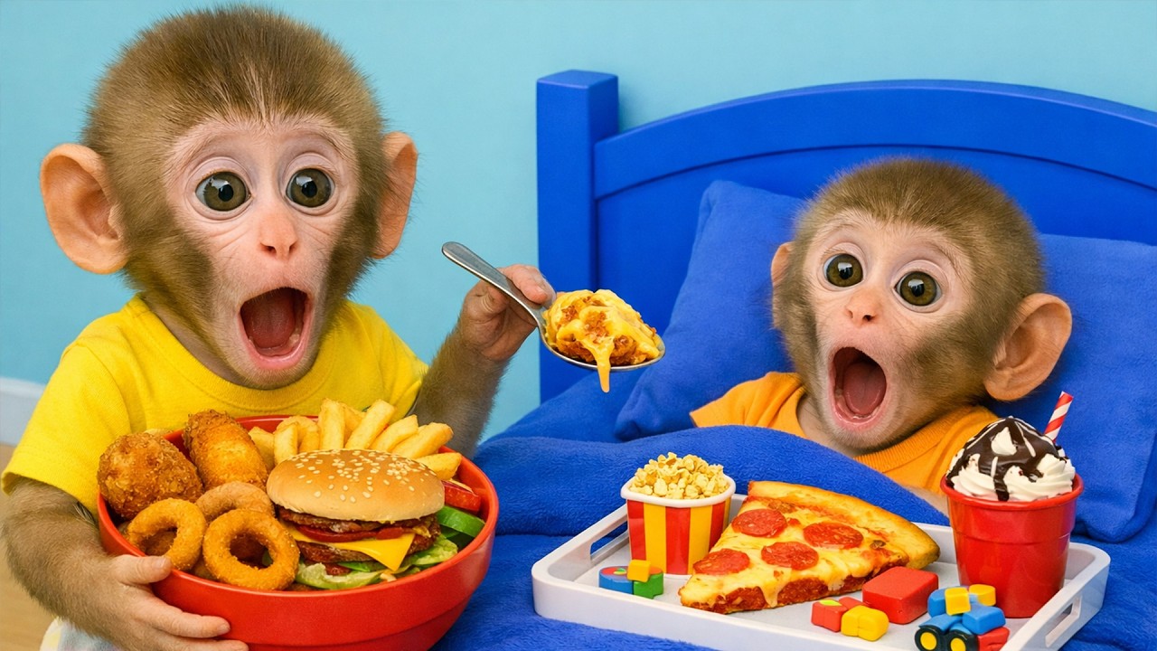 Baby Bobo enjoys yummy food and fun toys while relaxing on the bed! | Bobo Monkey Family