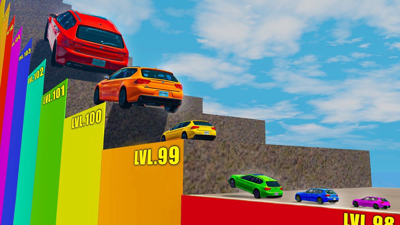 Большие и маленькие машины против самого высокого подъёма по лестнице в BeamNG.drive