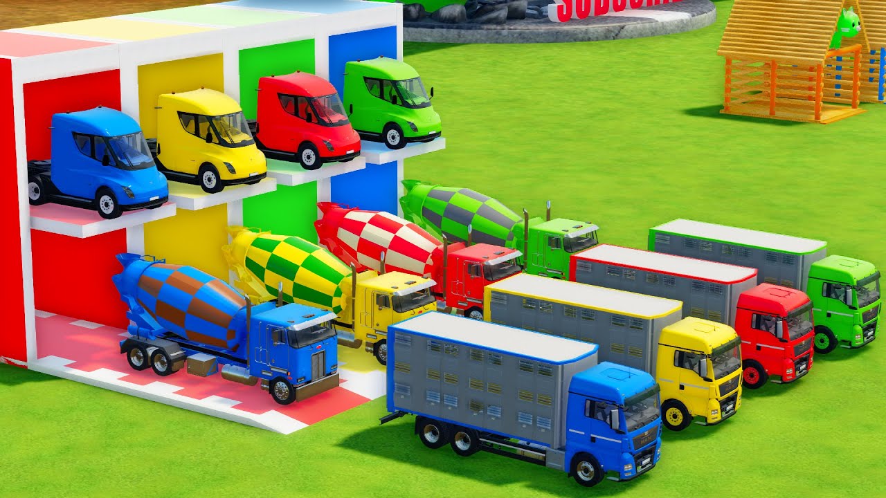 Garage with Colors - ALL MIXER TRUCK WITH DOUBLE FLATBED TRAILER TRUCK, TESLA, PETERBILT, MAN - FS22