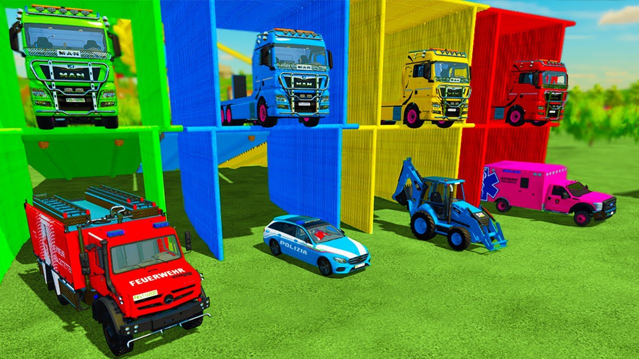 FIRE DEPARTMENT, MERCEDES POLICE, JCB LOADER, AMBULANCE CAR TRANSPORTING WITH MAN TRUCKS ! FS22